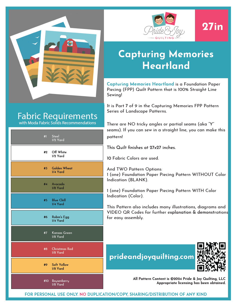 Paper Pattern (Part 7 of 9) Capturing Memories HEARTLAND, A Foundation Paper Piecing Quilt Pattern Series