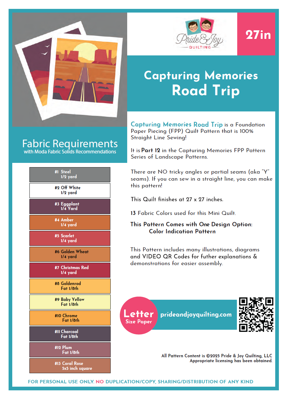 PDF (Part 12 of 12) Capturing Memories ROADTRIP, A Foundation Paper Piecing Quilt Pattern Series