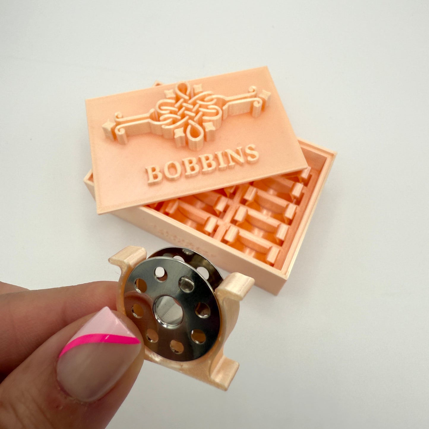 (Size: Singer Featherweight) (COLOR: Peach Morganite ) Bobbin Box & Keepers