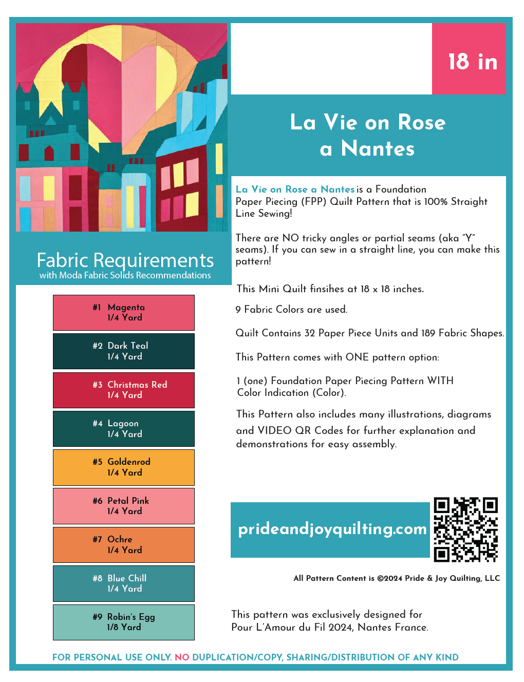 La Vie on Rose a Nantes Foundation Paper Piecing Quilt Block ENGLISH