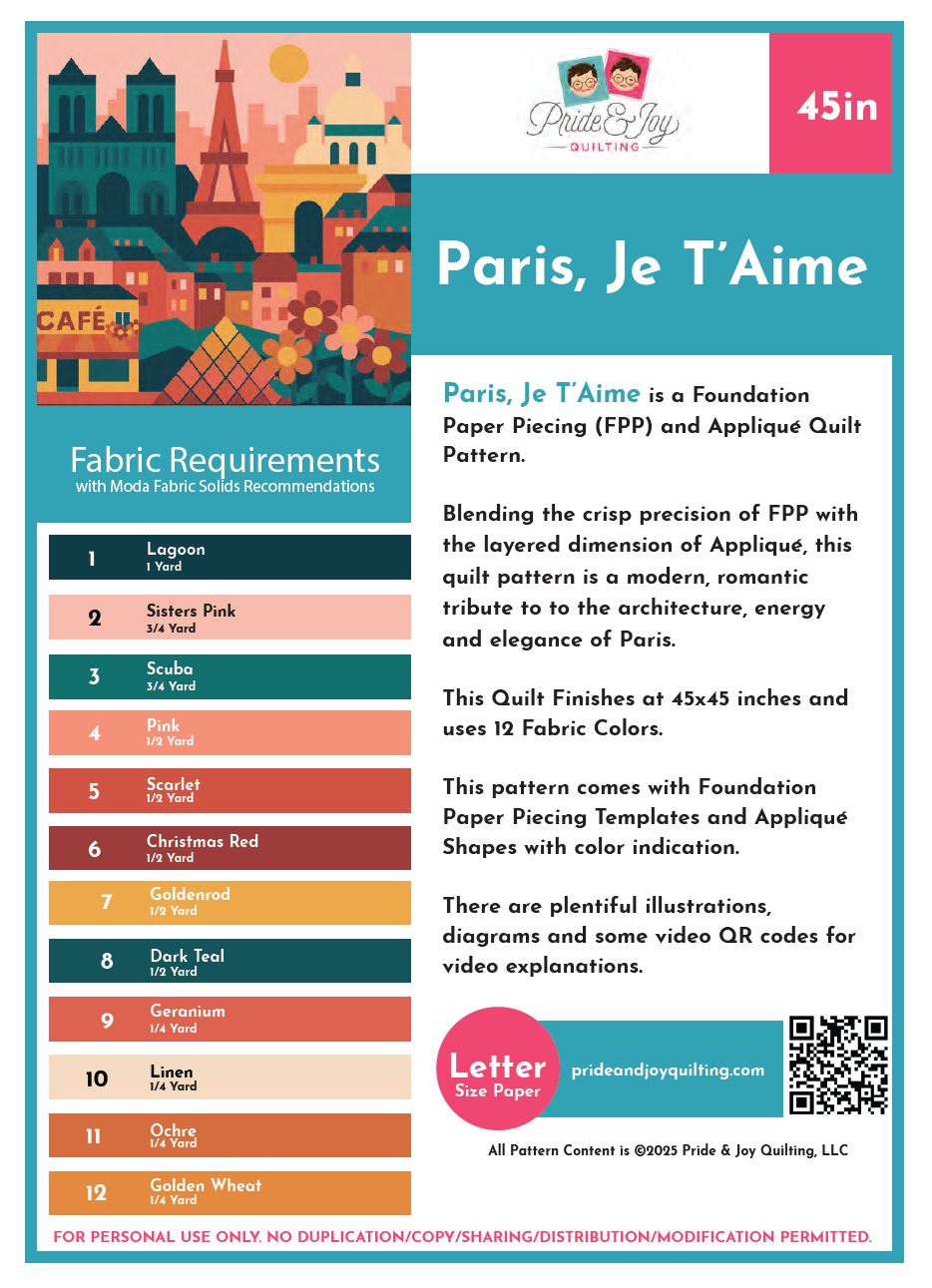 "Paris, Je T'Aime" Dual Technique Quilt Pattern by Pride & Joy Quilting