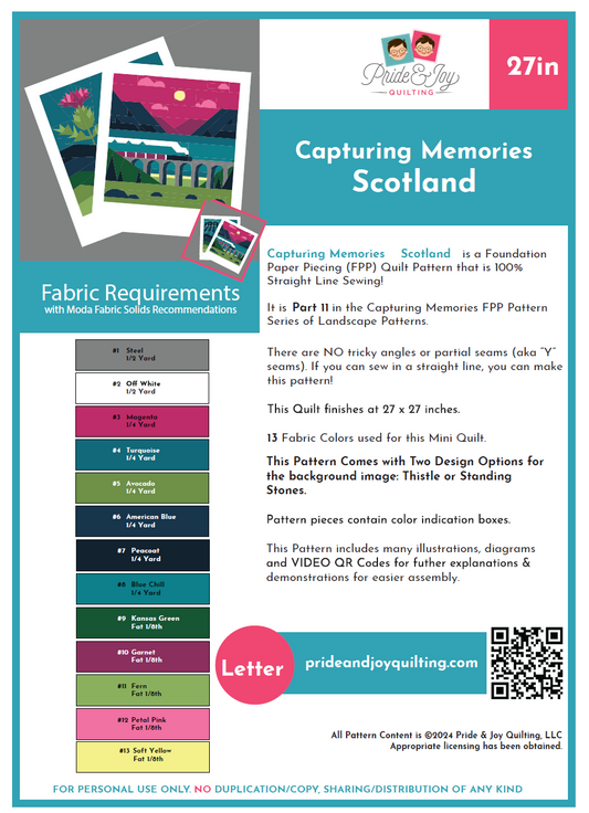 PDF (Part 11 of 12) Capturing Memories Scotland, A Foundation Paper Piecing Quilt Pattern Series (Letter size & A4)