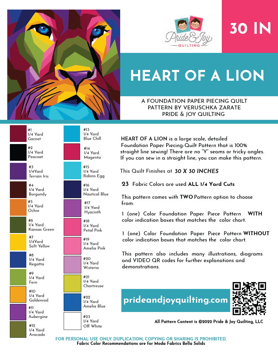 Heart of a Lion Foundation Paper Piece Pattern (30 in) -PDF Digital Download