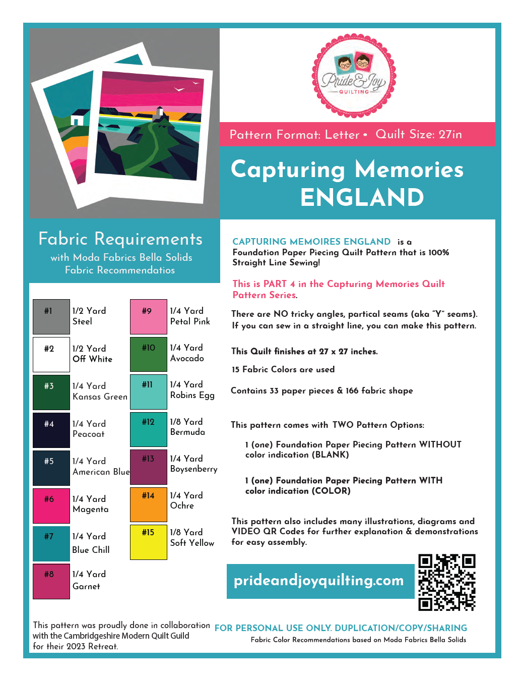 PDF (Part 4 of 9) Capturing Memories in ENGLAND. A Foundation Paper Piecing Quilt Pattern Series.